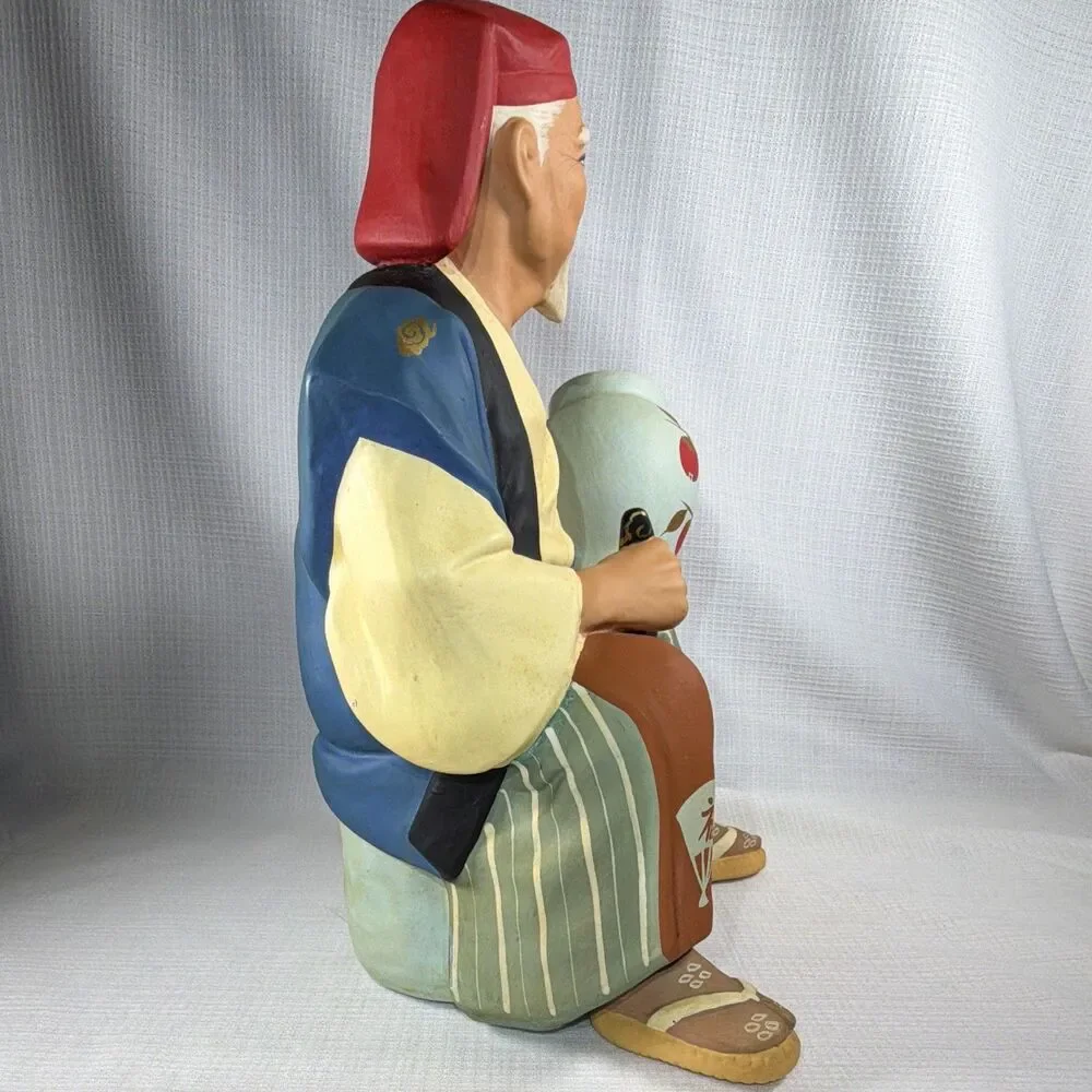 Vintage Sato Hakata Clay Doll Old Man Potter Artist Painting Vase Figurine 11”
